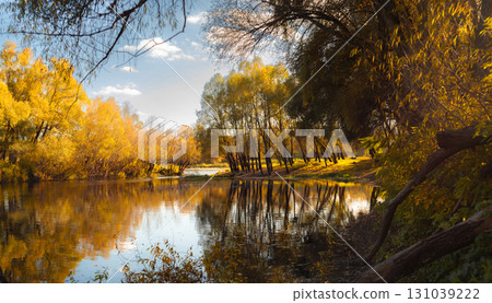 Autumn River Landscape with Colorful Trees and Reflections Autumn River Landscape with Colorful Trees and Reflections 131039222