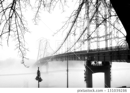 A solitary bridge emerges from the ethereal embrace of mist. A solitary bridge emerges from the ethereal embrace of mist. 131039286