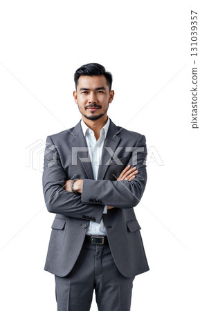 A composed male leader in cool gray, his image surrounded by floating symbols of technology, finance, and success, representing 131039357