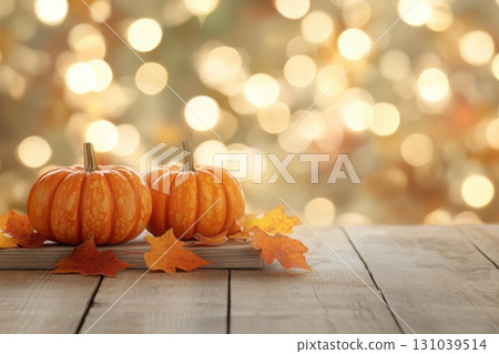 Colorful pumpkins on a wooden table in autumn setting 131039514