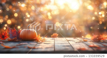 Bright autumn scene with pumpkin and colorful leaves 131039529