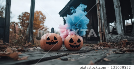 Colorful pumpkins with smoke in a rustic setting Colorful pumpkins with smoke in a rustic setting 131039532