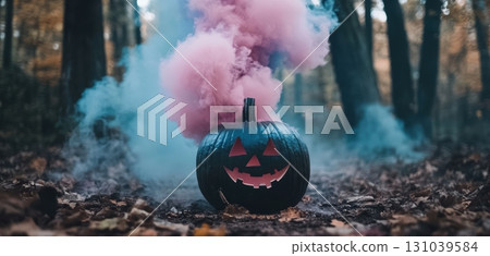 Halloween pumpkin with colorful smoke in a forest setting 131039584