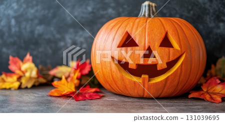 Festive pumpkin with carved face and autumn leaves displayed Festive pumpkin with carved face and autumn leaves displayed 131039695