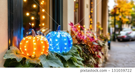 Colorful pumpkins decorate a cozy street in autumn Colorful pumpkins decorate a cozy street in autumn 131039722
