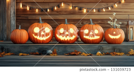 Festive pumpkins with glowing faces on a wooden deck Festive pumpkins with glowing faces on a wooden deck 131039723