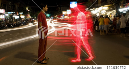 Man encounters glowing figure on busy city street at night Man encounters glowing figure on busy city street at night 131039752