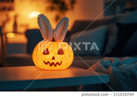 Halloween pumpkin with bunny ears in cozy home setting 131039784