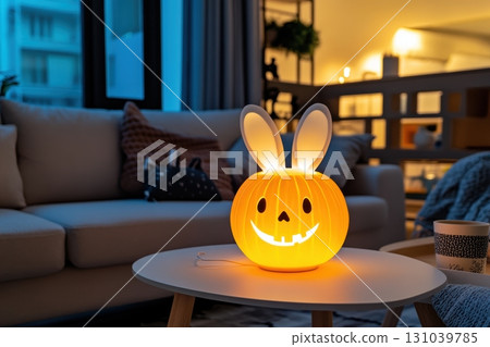 Cheerful bunny pumpkin light in cozy living room 131039785