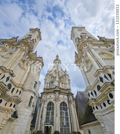 Chateau de Chambord architectural details. Majestic medieval castle in France. Iconic French Renaissance architecture palace Chateau de Chambord architectural details. Majestic medieval castle in France. Iconic French Renaissance architecture palace 131039852
