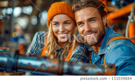 Smiling young couple in work attire posing together in a workshop with tools and equipment Smiling young couple in work attire posing together in a workshop with tools and equipment 131039884