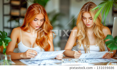 Two young women studying documents together in a bright workspace with greenery around them Two young women studying documents together in a bright workspace with greenery around them 131039886