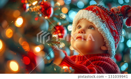 Child in festive red sweater and hat gazes at Christmas tree adorned with colorful lights 131039941