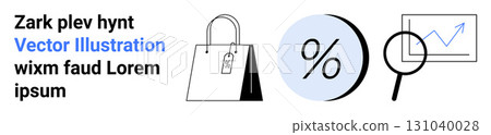 Shopping bag with tag, percentage sign in blue circle, magnifying glass over line chart with upward trend. Ideal for e-commerce, retail, marketing, finance, sales, analytics, business strategy 131040028