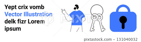 Man pointing at text with two keys and blue lock symbol. Ideal for cybersecurity, access control, password protection, data encryption, secure communication, online privacy, digital safety. Banner Man pointing at text with two keys and blue lock symbol. Ideal for cybersecurity, access control, password protection, data encryption, secure communication, online privacy, digital safety. Banner 131040032