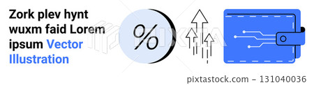 Digital wallet with circuits, percentage sign in a circle, and upward arrows. Ideal for finance, investment, tech, fintech, savings, digital transactions, and e-commerce. Landing page Digital wallet with circuits, percentage sign in a circle, and upward arrows. Ideal for finance, investment, tech, fintech, savings, digital transactions, and e-commerce. Landing page 131040036