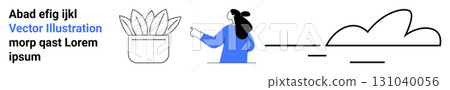 Woman holding a watering can and watering pot plant, simple black cloud with lines. Ideal for environment, sustainability, gardening, education, minimal design, infographics, and web design. Banner Woman holding a watering can and watering pot plant, simple black cloud with lines. Ideal for environment, sustainability, gardening, education, minimal design, infographics, and web design. Banner 131040056