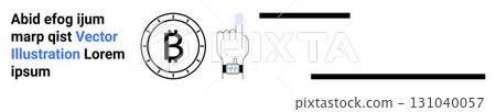 Bitcoin symbol in a circular frame, hand with smartwatch, finger swipe gesture, random text elements in various colors, horizontal black lines. Ideal for technology, cryptocurrency, finance, digital 131040057