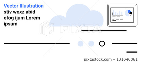 Cloud, digital device with data chart, horizontal lines, placeholder text. Ideal for tech, analytics, data presentation, cloud computing, web design, user interface, business solutions. Landing page Cloud, digital device with data chart, horizontal lines, placeholder text. Ideal for tech, analytics, data presentation, cloud computing, web design, user interface, business solutions. Landing page 131040061