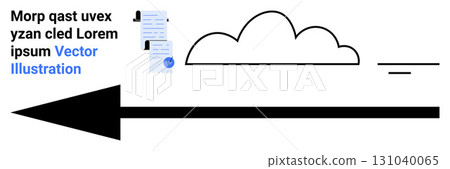 Documents with abstract shapes and text Lorem Ipsum beside cloud icon and large arrow. Ideal for data management, cloud solutions, business presentations, digital marketing, workflow optimization 131040065
