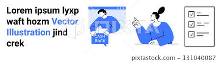 Modern design showcases a cashback card user, a person gesturing, and a checklist with ticked items. Ideal for financial apps, e-commerce, tutorials, presentations, UX design, customer support 131040087