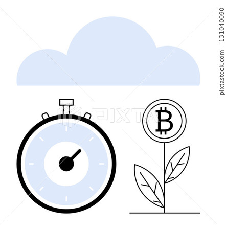 Stopwatch, cloud, and Bitcoin symbol plant illustrate time management, digital currency growth, and cloud computing in finance. Ideal for fintech, blockchain, time investment, digital currency 131040090
