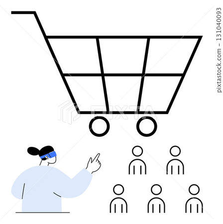 Shopping cart healthcare worker in mask, six people. Ideal for safety, health, online shopping, distancing, guidance, consumer behavior, pandemic protocols. Line metaphor 131040093