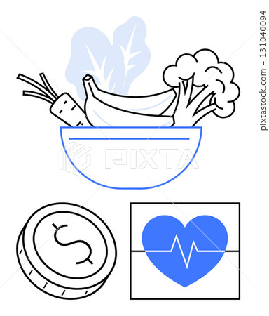 Bowl of vegetables and fruits including broccoli, carrot, and bananas. Dollar coin and heart rate monitor symbols. Ideal for nutrition, health, financial wellness, savings, diet plans healthcare 131040094