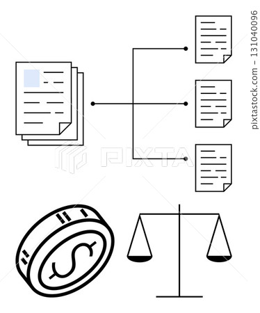 Organizational chart connecting documents, scales of justice, and a dollar coin scattered below. Ideal for business, finance, law, management, structure decision-making information flow. Line 131040096
