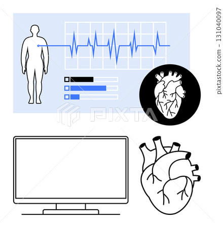 Human silhouette alongside heart health monitoring, ECG waveform, and progress bars. Detailed heart diagram inside a circle and on the lower right. Ideal for medical, health, cardiovascular Human silhouette alongside heart health monitoring, ECG waveform, and progress bars. Detailed heart diagram inside a circle and on the lower right. Ideal for medical, health, cardiovascular 131040097