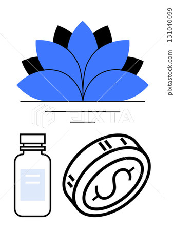 Blue lotus flower, medicine bottle, and dollar coin on white. Ideal for wellness, healthcare, finance, holistic health, alternative medicine financial planning relaxation. Line metaphor 131040099