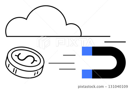 Magnet attracting dollar coin beneath cloud outline. Ideal for finance, cloud computing, marketing, business strategy, technology, data retention themes. Line metaphor Magnet attracting dollar coin beneath cloud outline. Ideal for finance, cloud computing, marketing, business strategy, technology, data retention themes. Line metaphor 131040109