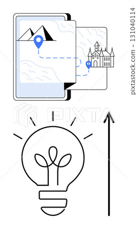 Tablet map location pins mountain castle light bulb growth arrow. Ideal for creativity, innovation, exploration, strategy, progress, imagination, inspiration. Line metaphor Tablet map location pins mountain castle light bulb growth arrow. Ideal for creativity, innovation, exploration, strategy, progress, imagination, inspiration. Line metaphor 131040114