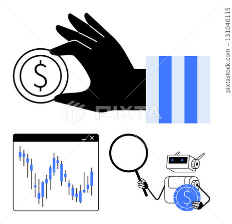 Hand holding coin, robot analyzing with magnifying glass, and chart displaying financial graph trends. Ideal for finance, investment, analysis, technology, automation, banking and data Hand holding coin, robot analyzing with magnifying glass, and chart displaying financial graph trends. Ideal for finance, investment, analysis, technology, automation, banking and data 131040115