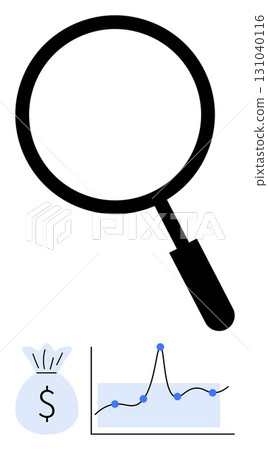 Magnifying glass money bag with dollar sign, and fluctuating growth graph. Ideal for finance, economic research, investment strategies, data analysis, market trends, budgeting. Line metaphor Magnifying glass money bag with dollar sign, and fluctuating growth graph. Ideal for finance, economic research, investment strategies, data analysis, market trends, budgeting. Line metaphor 131040116