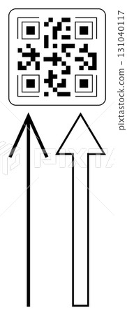 QR code above two upward arrows indicating direction and digital connection. Ideal for navigation, digital interaction, online guides, marketing, technology instructions, smart packaging, e-commerce QR code above two upward arrows indicating direction and digital connection. Ideal for navigation, digital interaction, online guides, marketing, technology instructions, smart packaging, e-commerce 131040117