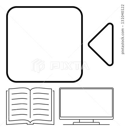 Video camera icon next to open book and computer monitor outline. Ideal for digital learning, media education, online courses, multimedia integration, virtual classrooms, educational content, hybrid Video camera icon next to open book and computer monitor outline. Ideal for digital learning, media education, online courses, multimedia integration, virtual classrooms, educational content, hybrid 131040122