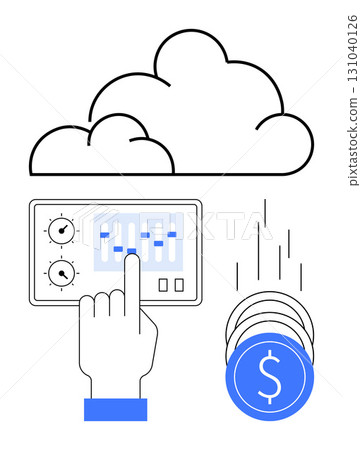 Hand adjusting controls on a touchscreen with cloud icon above and stack of falling coins. Ideal for technology, finance, economic growth, cloud computing, financial management, investment 131040126