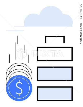 Falling coins stacking near a suitcase and a cloud. Ideal for finance, banking, savings, investment, growth wealth management economic trends. Line metaphor. Line metaphor. Simple line icons 131040127