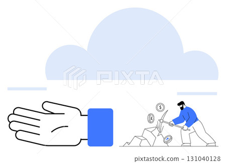Hand under cloud receiving effort from miner striking coins, notes, and tools. Ideal for themes of effort, reward, investment, teamwork, success hard work and diligence. Line metaphor 131040128