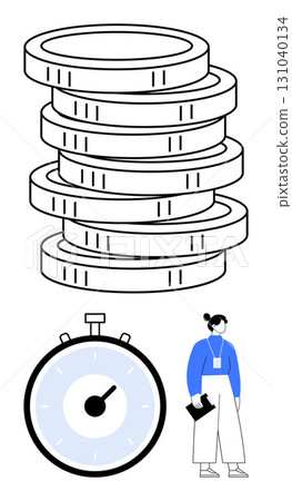 Stacked coins stopwatch and person with document. Ideal for finance, business, time management, savings, investment, productivity, and deadlines. Line metaphor 131040134