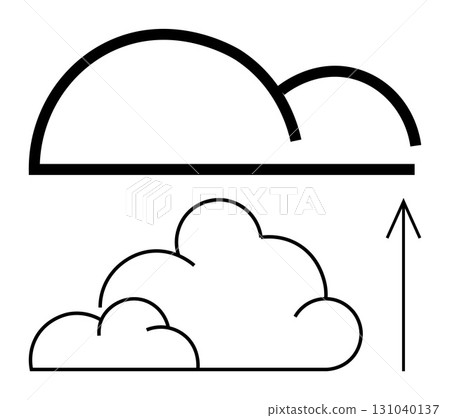 Two stylized cloud outlines with an upward pointing arrow. Ideal for technology, cloud computing, data transfer, digital storage, networking, connectivity, and online services. Line metaphor Two stylized cloud outlines with an upward pointing arrow. Ideal for technology, cloud computing, data transfer, digital storage, networking, connectivity, and online services. Line metaphor 131040137