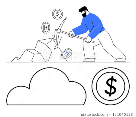 Man mining cryptocurrency with pickaxe, coins representing various currencies, cloud, and dollar coin symbols. Ideal for blockchain, fintech, investment, economy technology computing finance. Line Man mining cryptocurrency with pickaxe, coins representing various currencies, cloud, and dollar coin symbols. Ideal for blockchain, fintech, investment, economy technology computing finance. Line 131040138