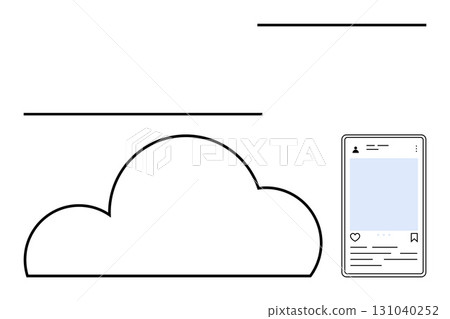 Smartphone screen with social media post interface, large cloud icon in background. Ideal for technology, social media management, cloud computing, data storage, digital marketing, online Smartphone screen with social media post interface, large cloud icon in background. Ideal for technology, social media management, cloud computing, data storage, digital marketing, online 131040252