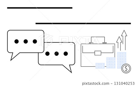Speech bubbles with ellipses, briefcase, upward arrows, bar graphs, and dollar sign representing business growth. Ideal for business strategies, finance, economic growth, communication investment Speech bubbles with ellipses, briefcase, upward arrows, bar graphs, and dollar sign representing business growth. Ideal for business strategies, finance, economic growth, communication investment 131040253