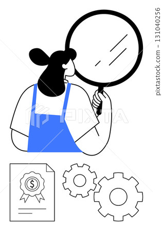 Woman holds magnifying glass, examining closely. Nearby are a document with a badge and two gears. Ideal for quality assurance, certification, inspection, diligence, process evaluation, analysis Woman holds magnifying glass, examining closely. Nearby are a document with a badge and two gears. Ideal for quality assurance, certification, inspection, diligence, process evaluation, analysis 131040256