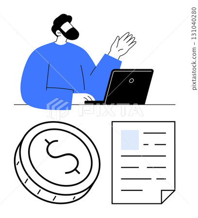 Businessperson uses a laptop while gesturing, alongside a coin and a financial document. Ideal for finance, remote work, business strategy, income generation, online transactions, document Businessperson uses a laptop while gesturing, alongside a coin and a financial document. Ideal for finance, remote work, business strategy, income generation, online transactions, document 131040280
