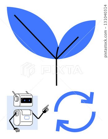Leaf symbol, robot holding a pointer, and recycling arrows promoting eco-friendly tech and sustainability. Ideal for AI, green technology, eco solutions, automation, recycling, innovation 131040314