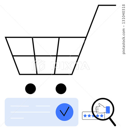Digital shopping cart with review rating and a checkmark. Ideal for e-commerce, online shopping, customer reviews, quality assurance, digital retail, consumer feedback, and web design themes. Line Digital shopping cart with review rating and a checkmark. Ideal for e-commerce, online shopping, customer reviews, quality assurance, digital retail, consumer feedback, and web design themes. Line 131040318
