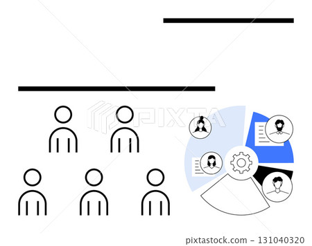 People icons lines, and a pie chart with a gear and profiles. Ideal for teamwork, workflow, employee roles, organizational structure, data analysis, business processes, productivity. Line metaphor 131040320